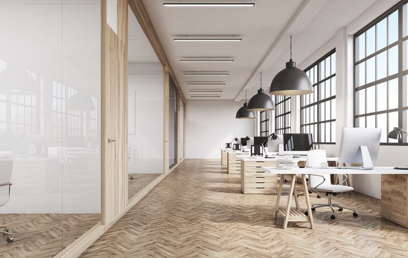 Bright, open concept office space with hardwood flooring